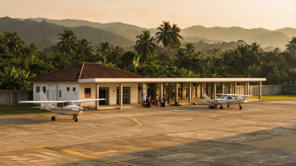 Single-storey terminal, small propeller aircraft and tropical greenery at Velásquez Airport in Puerto Boyacá, Colombia, in warm afternoon light