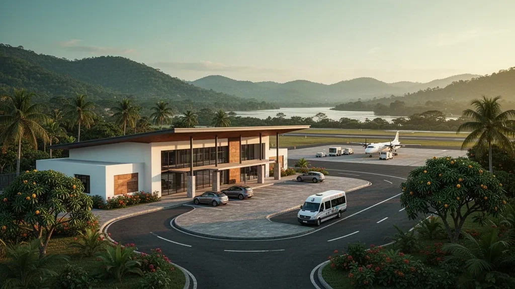 Terminal moderne de faible hauteur et parvis paysager à l'aéroport Velásquez en Colombie, photographiés à l'heure dorée avec une végétation tropicale