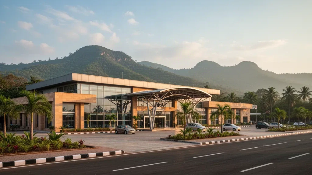 Bâtiment terminal moderne de faible hauteur à l'aéroport de Jeypore en Odisha, avec une voie de dépose, des voitures stationnées et les collines verdoyantes des Ghâts orientaux sous une lumière dorée d'après-midi.