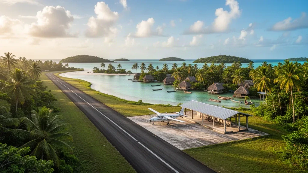 Petite piste d'atterrissage tropicale et village à l'aéroport de Playón Chico, dans le Guna Yala, au Panama, entourés de palmiers et des eaux de la lagune des Caraïbes.