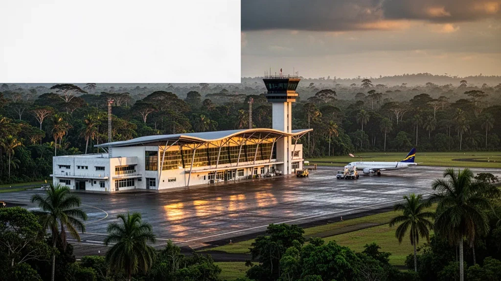 Modernes tropisches Terminal und nasse Rollbahn am Flughafen Cacique Aramare in Puerto Ayacucho, Venezuela, umrahmt vom Amazonas-Regenwald