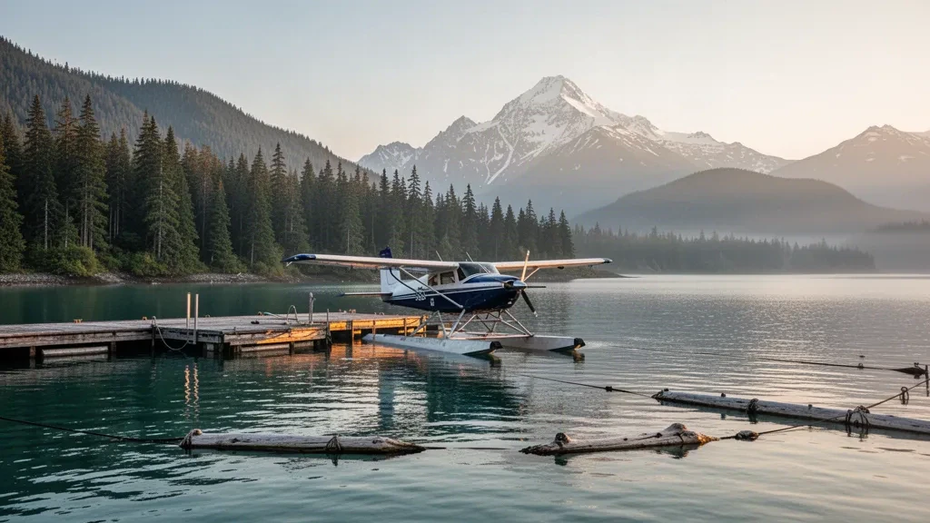 Floatplane moored at a wooden dock on calm water at Perry Island Seaplane Base in Alaska, framed by forested islands and snowy peaks