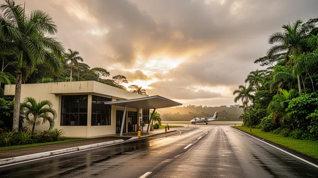 Low-rise modern terminal and tropical greenery at Putumayo Airport in the Ecuadorian Amazon under warm late-afternoon light.