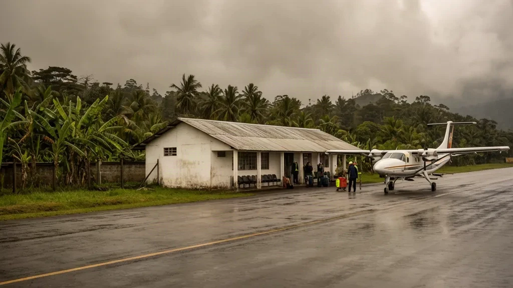 Kleines ländliches Terminal und abgestellte Leichtflugzeuge am Flughafen Payán (PYN) in Magüí Payán, Nariño, Kolumbien