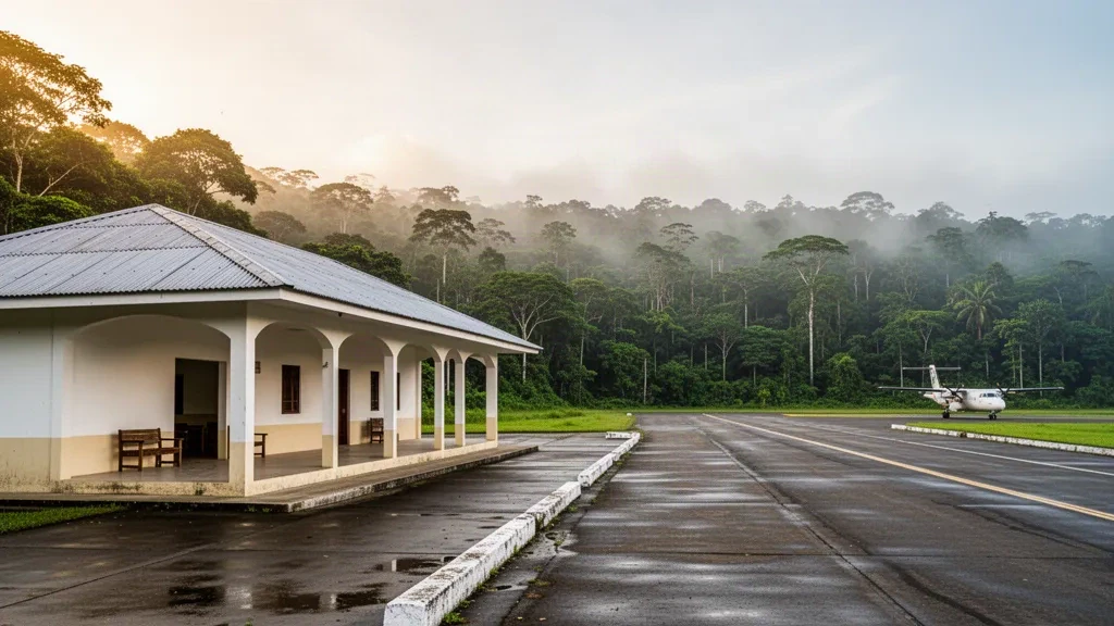 Petit terminal régional à l'aéroport de Payán dans le Nariño, en Colombie, entouré de forêt tropicale humide et d'une piste pavée tranquille.