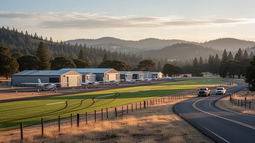 Pequeño aeródromo de aviación general con una pista de césped, hangares metálicos y estribaciones cubiertas de pinos en el aeropuerto Paradise Skypark, California.