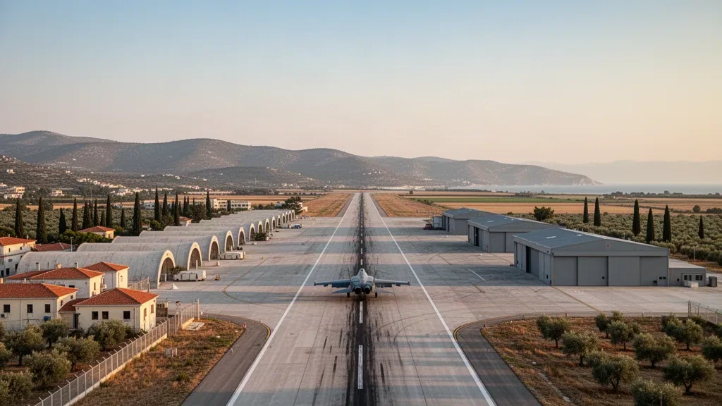 Blick auf den Militärflugplatz Andravida in Elis, Griechenland, zur goldenen Stunde mit Startbahn, Hangars und mediterraner Landschaft unter warmem Himmel