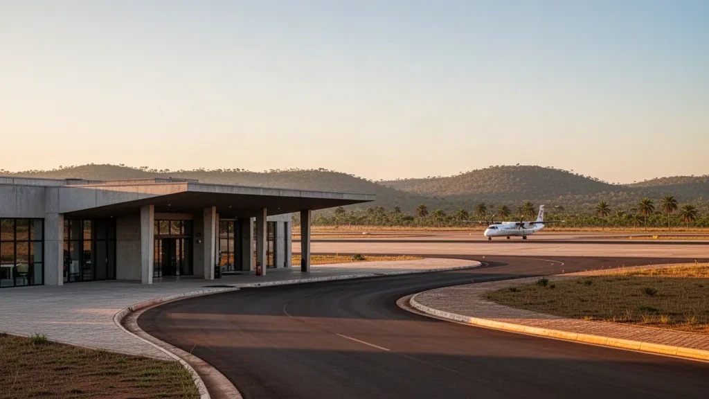 Terminal moderno a bassa altezza e corsia di sosta presso l'aeroporto Pedro Rabelo de Souza a Pedro Afonso, Tocantins, con la calda luce dorata del tramonto.