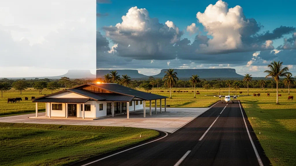 Niedriges weißes Terminal und offene Start- und Landebahn am Flughafen Paz de Ariporo in Casanare, Kolumbien, im warmen tropischen Licht der goldenen Stunde