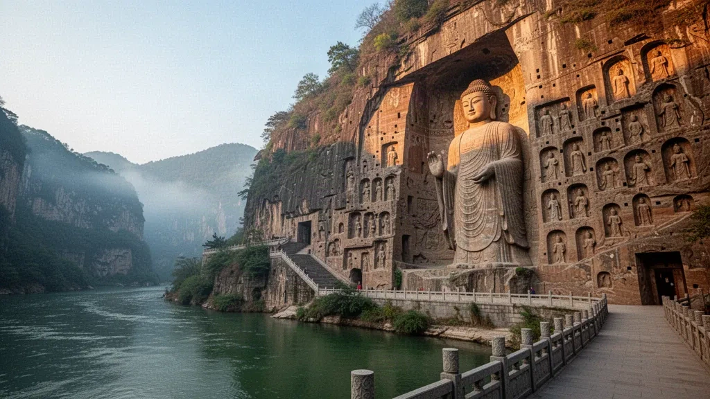 Grottes de Longmen à Luoyang, Henan, Chine, avec le gigantesque Bouddha sculpté dans la falaise calcaire au-dessus de la rivière Yi