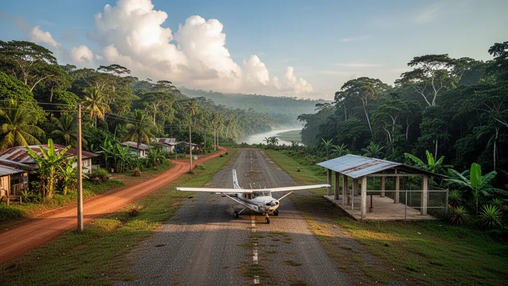 Pista rurale dell'aeroporto di Yaviza nella giungla del Darién, in Panama, con un piccolo aereo, fitta foresta pluviale e calda luce dorata del tramonto.