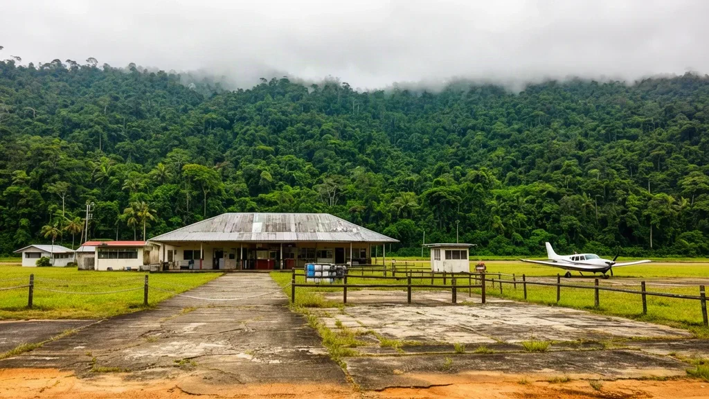 Piccola pista tropicale dell'aeroporto di Yaviza nel Darién, in Panama, con un piccolo aereo sulla piazzola e la foresta pluviale sullo sfondo