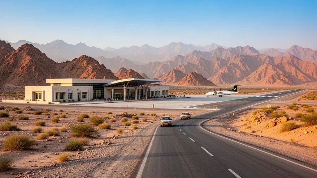 Small regional airport terminal and runway in Zhob, Balochistan, framed by arid mountains under warm afternoon light