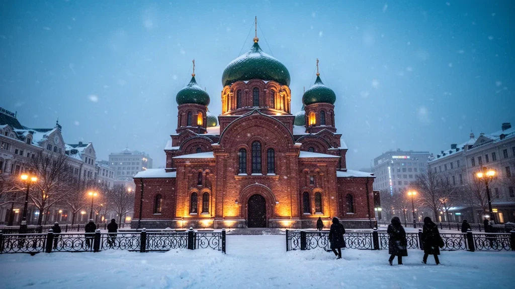 Heilongjiang, Harbin'deki Saint Sophia Katedrali, alacakaranlıkta mavi saatte karla kaplı meydan ve kış şehir manzarasıyla parlıyor