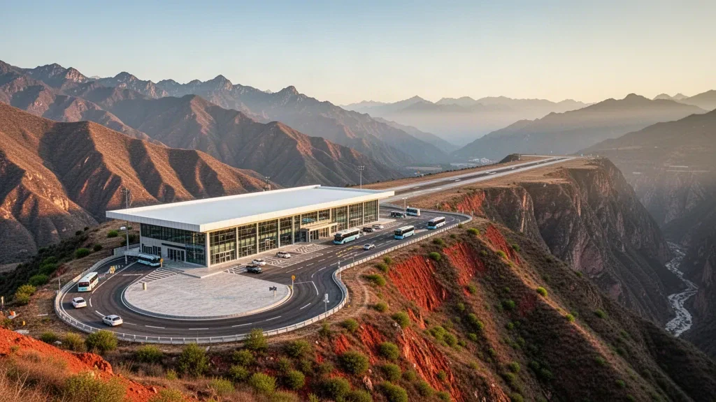 Modern terminal and runway at Panzhihua Bao'anying Airport surrounded by dramatic Sichuan mountains at golden hour.