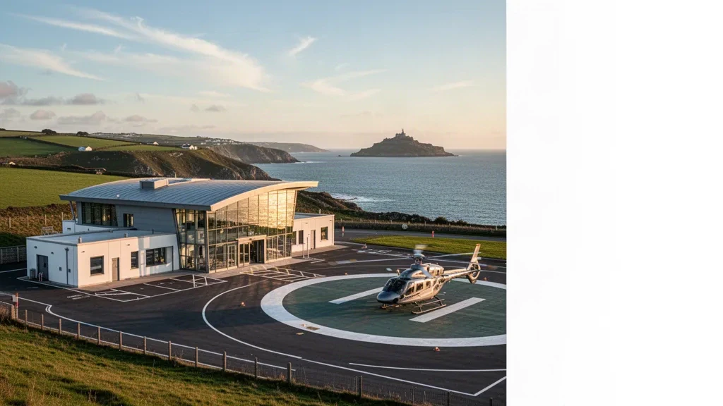 Terminal moderna del helipuerto de Penzance y plataforma para helicópteros en Cornualles a la hora dorada, con vistas a la costa y espacio limpio para superposiciones del sitio web.