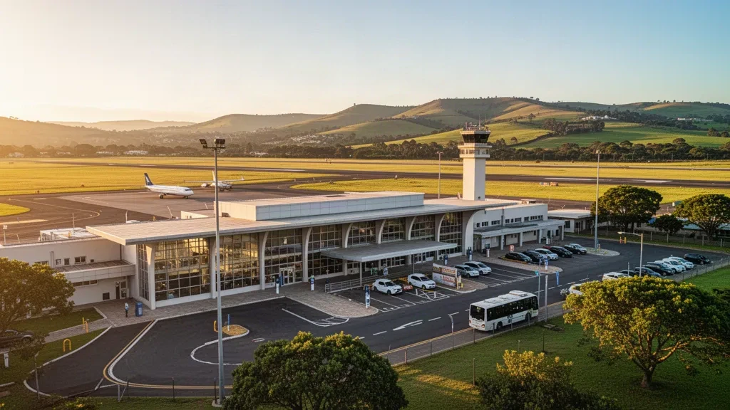 Güney Afrika'daki Pietermaritzburg Havaalanı'nda altın saat ışığı altında, apronda uçak ve arka planda uzanan tepelerle modern terminal binası.