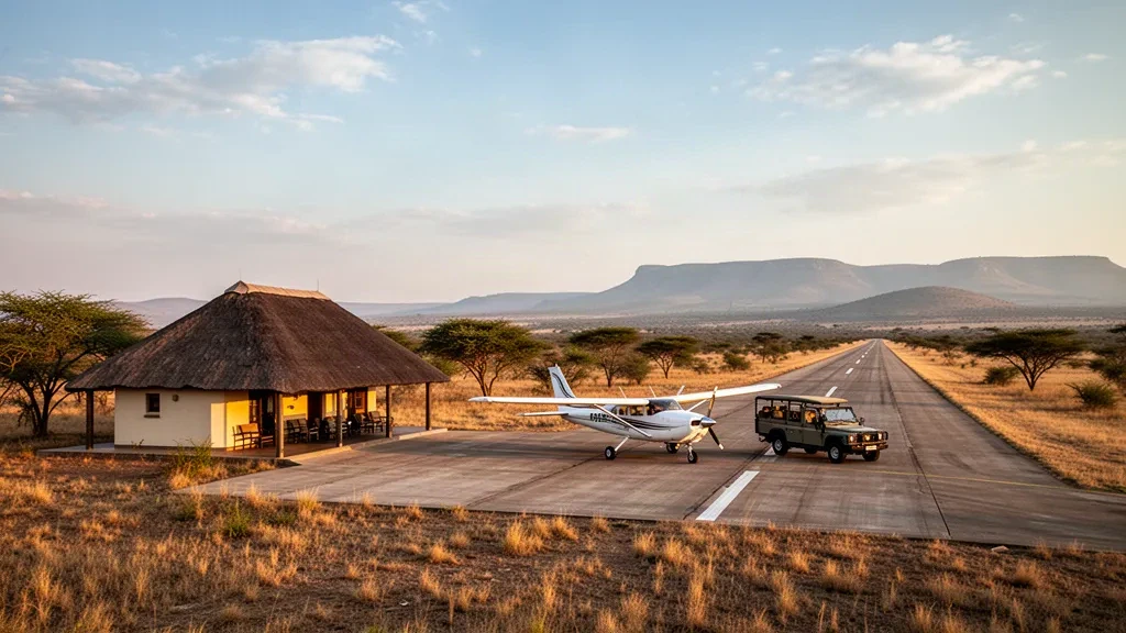 Bushveld runway and light aircraft at Zulu Inyala Airport near Phinda Game Reserve, KwaZulu-Natal, South Africa at golden hour.