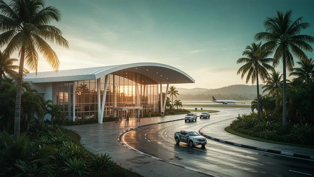 Terminal moderne en verre et route d'accès bordée de palmiers à l'aéroport international General Manuel Carlos Piar à Puerto Ordaz, Venezuela, à l'heure dorée