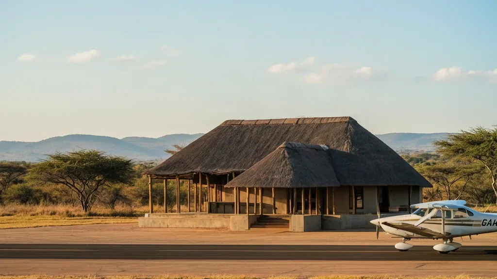 Petit bâtiment terminal au toit de chaume et piste bitumée à l'aéroport de Zulu Inyala PZL desservant la réserve privée de Phinda dans le KwaZulu-Natal