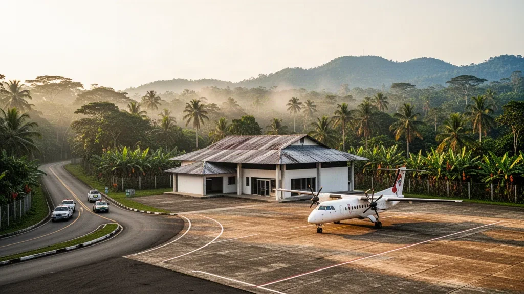 Pequeña terminal aeroportuaria tropical y plataforma cerca de Pizarro en Chocó, Colombia, rodeada de exuberante selva tropical del Pacífico a la hora dorada.