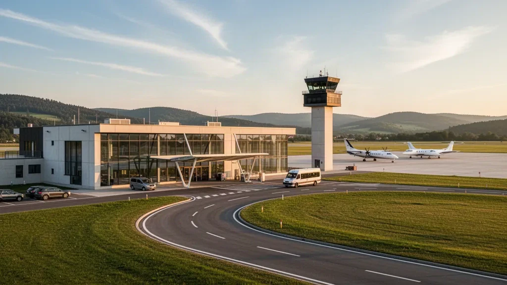 Niedriges modernes Glasterminal, Vorfeld und Leichtflugzeuge am Flughafen Piešťany in der Slowakei im warmen Licht der goldenen Stunde.