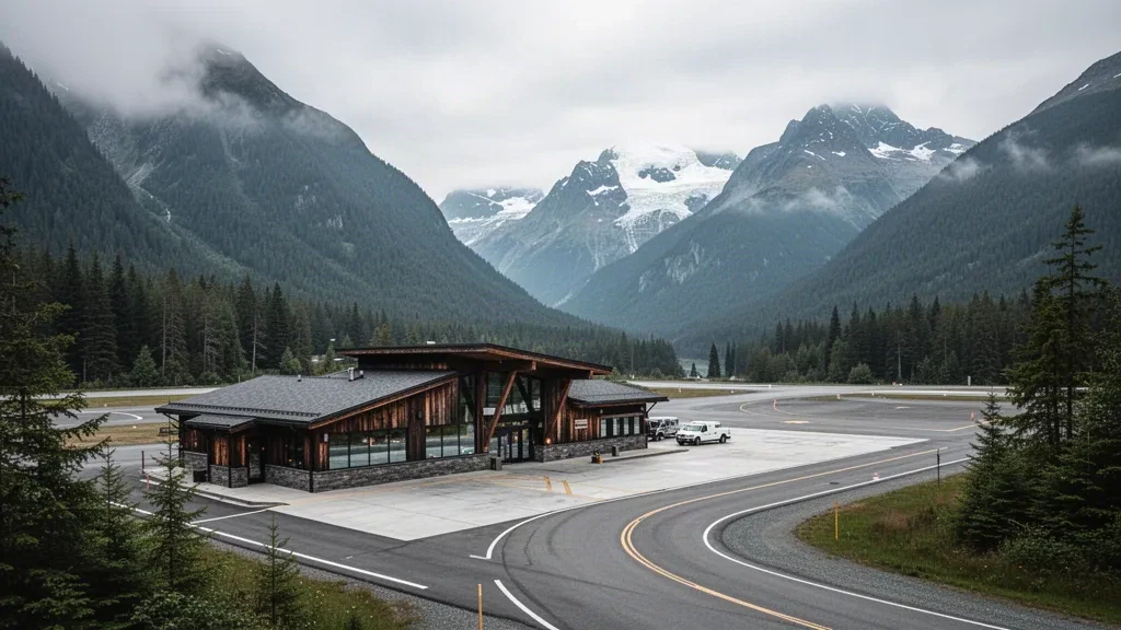 Petit terminal en bois à l'aéroport de Bella Coola, dans une vallée escarpée et boisée de Colombie-Britannique, avec des montagnes s'élevant derrière l'aire de trafic