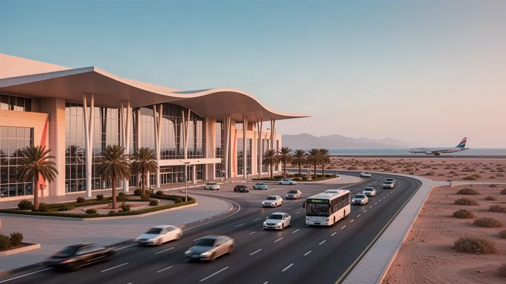 Terminal moderno con vetrate e corsie di sbarco passeggeri all'Aeroporto Internazionale Nuovo di Port Sudan sotto la calda luce dell'ora d'oro sulla costa del Mar Rosso in Sudan