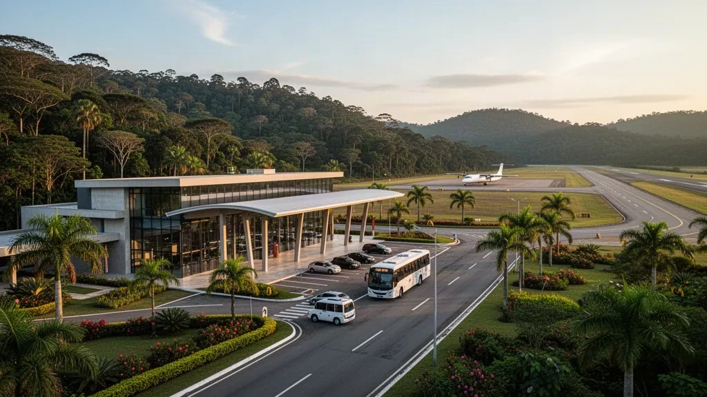 Modern regional terminal and runway at Colatina Airport QCH in Espírito Santo, Brazil, surrounded by green hills at golden hour.