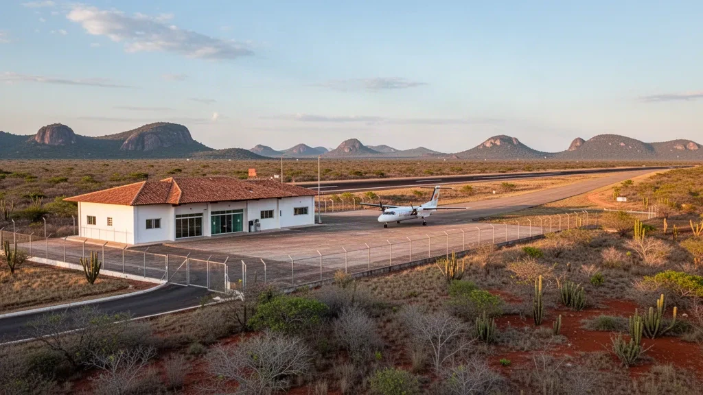 Small regional airport terminal and empty runway in Currais Novos, Brazil, set among dry caatinga scrubland under warm golden-hour light