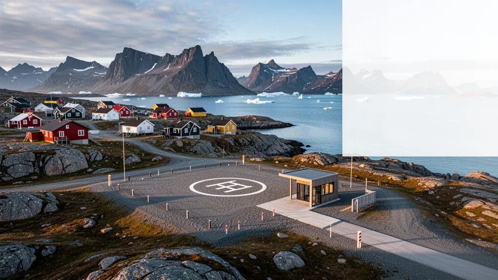 Akunnaaq Heliport in Greenland with a small gravel helipad, rocky coast, colorful houses, and mountains under Arctic daylight.