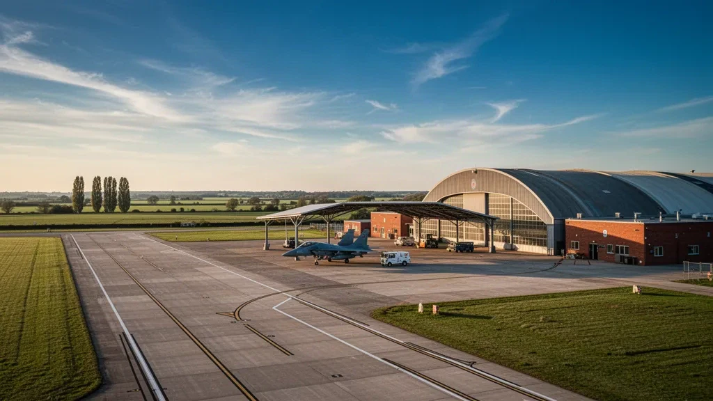Lincolnshire'daki RAF Coningsby'de güneşli apronda savaş uçağı; kıvrımlı hangarlar, çimenli kenarlar ve altın saatte açık gökyüzü.