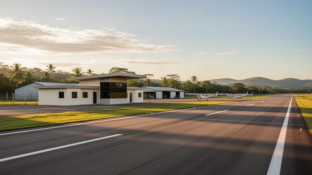 Cachoeira do Sul Airport in Rio Grande do Sul, Brazil, showing its small runway, apron and terminal at golden hour