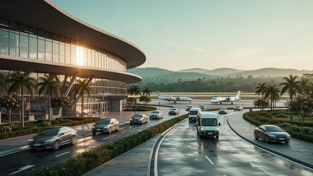 Modern glass terminal and drop-off lane at Jundiaí State Airport in Brazil, with light aircraft and Serra do Japi hills at golden hour
