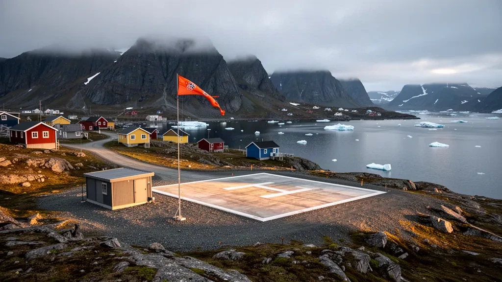 Remote coastal helipad and colourful timber houses of Eqalugaarsuit in southern Greenland, framed by steep mountains and fjord