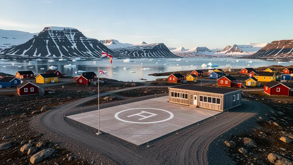 Piazzale remoto di un eliporto artico accanto all'insediamento di Iginniarfik in Groenlandia, con case colorate, ghiaccio del fiordo e montagne striate di neve nell'ora d'oro