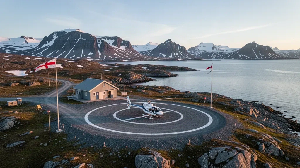 Remote Narsarmijit Heliport in Greenland, showing a small helipad, unmarked helicopter, rocky coast and mountains under clear Arctic light.