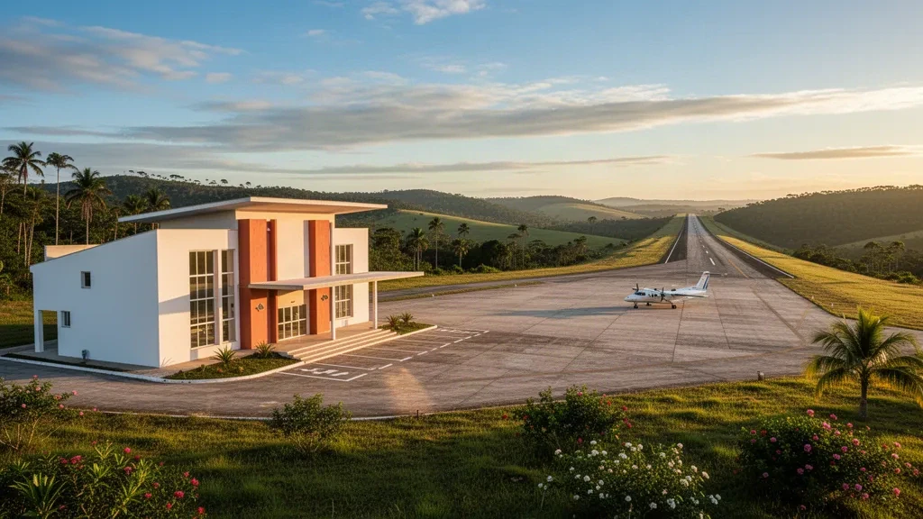 Terminal de aeropuerto regional, plataforma y pista en Garanhuns, Pernambuco, Brasil, rodeados de colinas verdes a la hora dorada