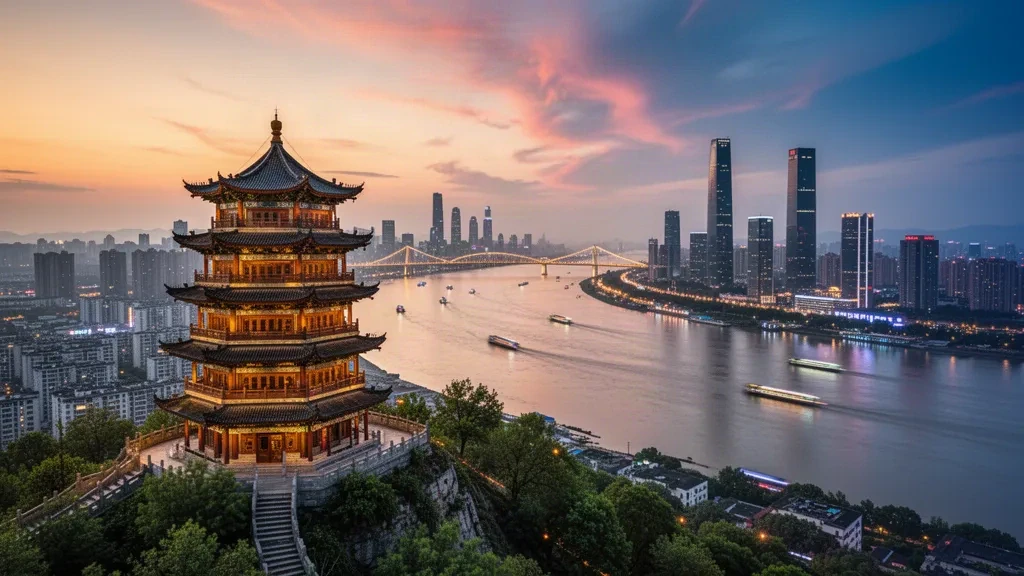 Tour de la Grue jaune surplombant le fleuve Yangtze et la ligne d'horizon de Wuhan au crépuscule dans le Hubei, en Chine.