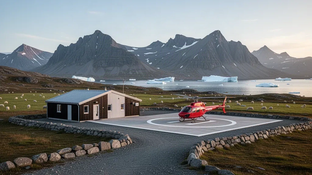 Piccolo terminal dell'eliporto e elicottero rosso accanto a colline verdastre sul fiordo presso l'eliporto di Igaliku, nella Groenlandia meridionale
