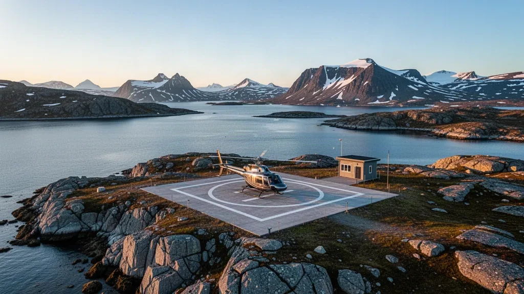 Grönland'daki Attu Heliport'ta kayalık dağlar ve Kuzey Kutbu fiyort sularıyla çevrili küçük beton helikopter pisti ve park etmiş helikopter.