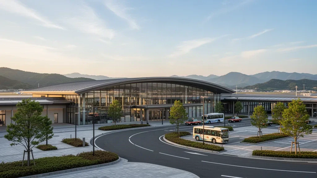 Moderne Glasfassade des Terminals am Flughafen Gifu in Japan, mit geschwungenem Dach, Bringspur und grünen Hügeln in der Ferne bei sanftem Tageslicht.