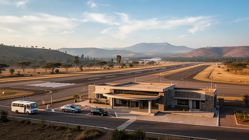 Weite Ansicht des Harar Meda Airport bei Bishoftu in Äthiopien zur goldene Stunde mit Startbahn, Terminal und Hochlandlandschaft