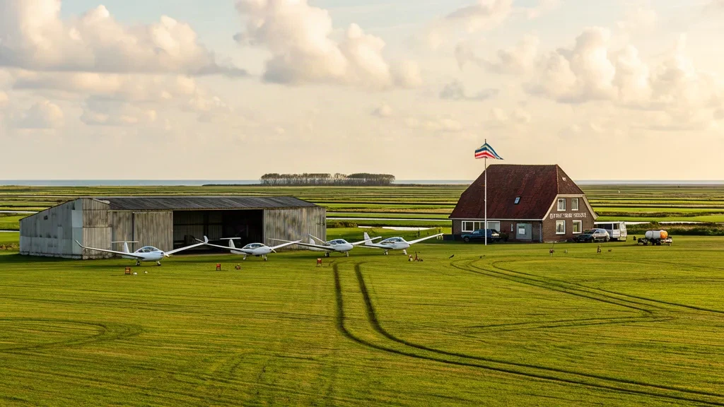 Planeurs et aéronefs légers stationnés près des hangars sur le terrain herbeux de l'aérodrome de Husum-Schwesing en Frise du Nord, Allemagne