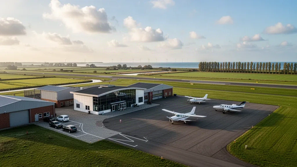 Piccolo terminal aeroportuale regionale, hangar e aerei leggeri sul piazzale dell'aeroporto di Husum-Schwesing nella Frisia Settentrionale, Germania