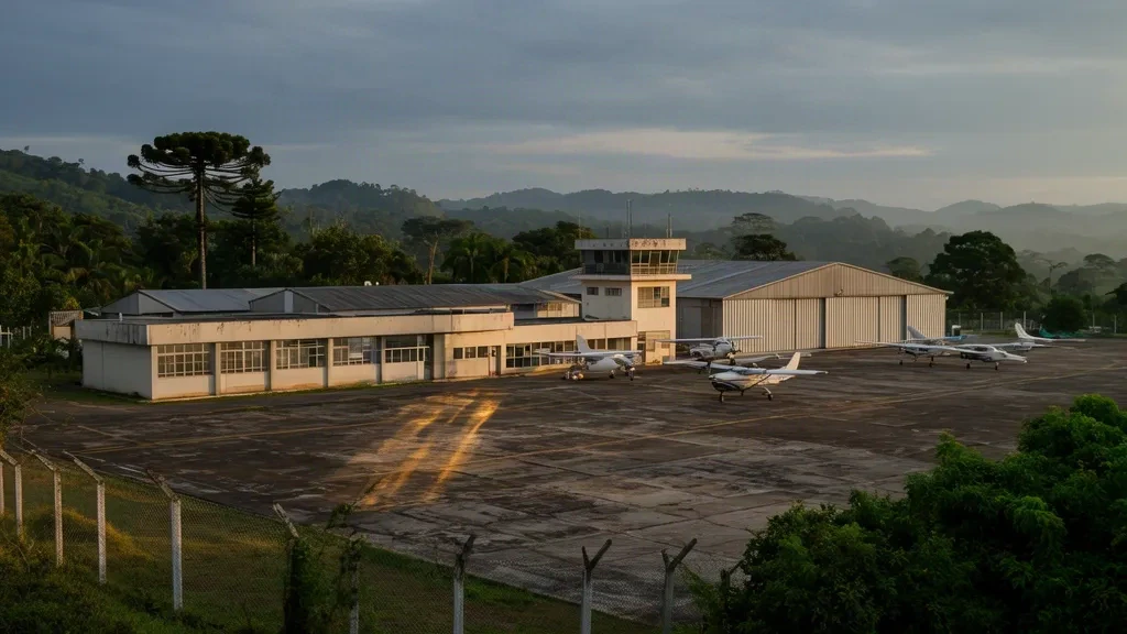 Single-storey terminal, hangars and light aircraft on the apron at Novo Hamburgo Airport in Rio Grande do Sul, Brazil.
