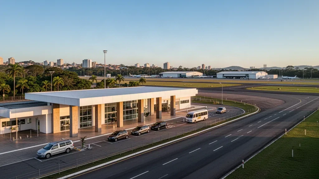 Esterno del terminal regionale e vista sul lato pista dell'aeroporto di Novo Hamburgo in Brasile all'ora d'oro, con ampio spazio libero per layout di siti web di viaggio