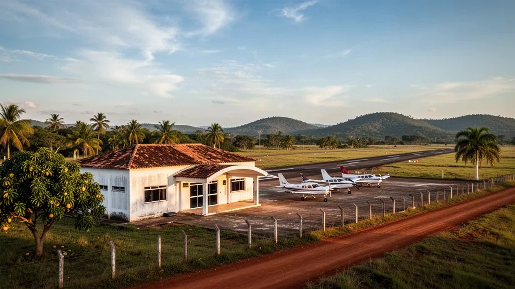 Kleines regionales Flughafenterminal in Itapetinga, Bahia, Brasilien, zur goldenen Stunde mit geparkten Leichtflugzeugen und tropischer Vegetation