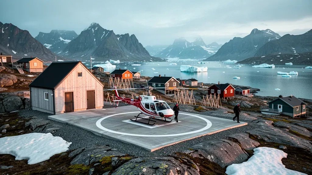 Abgelegener arktischer Heliport auf einer felsigen grönländischen Insel mit einem kleinen Hubschrauber, bunten Siedlungshäusern und eisigem Fjord zur goldenen Stunde