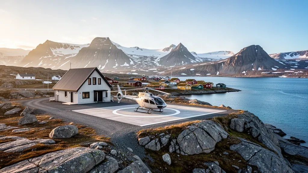 Ikamiut Heliport in Greenland, showing a helicopter pad, small terminal building and rocky Arctic coastline at golden hour